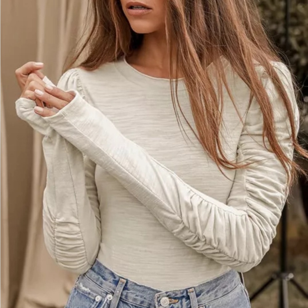 Free People Natasha Beige Ruched Long Sleeve Top Mint Size Small